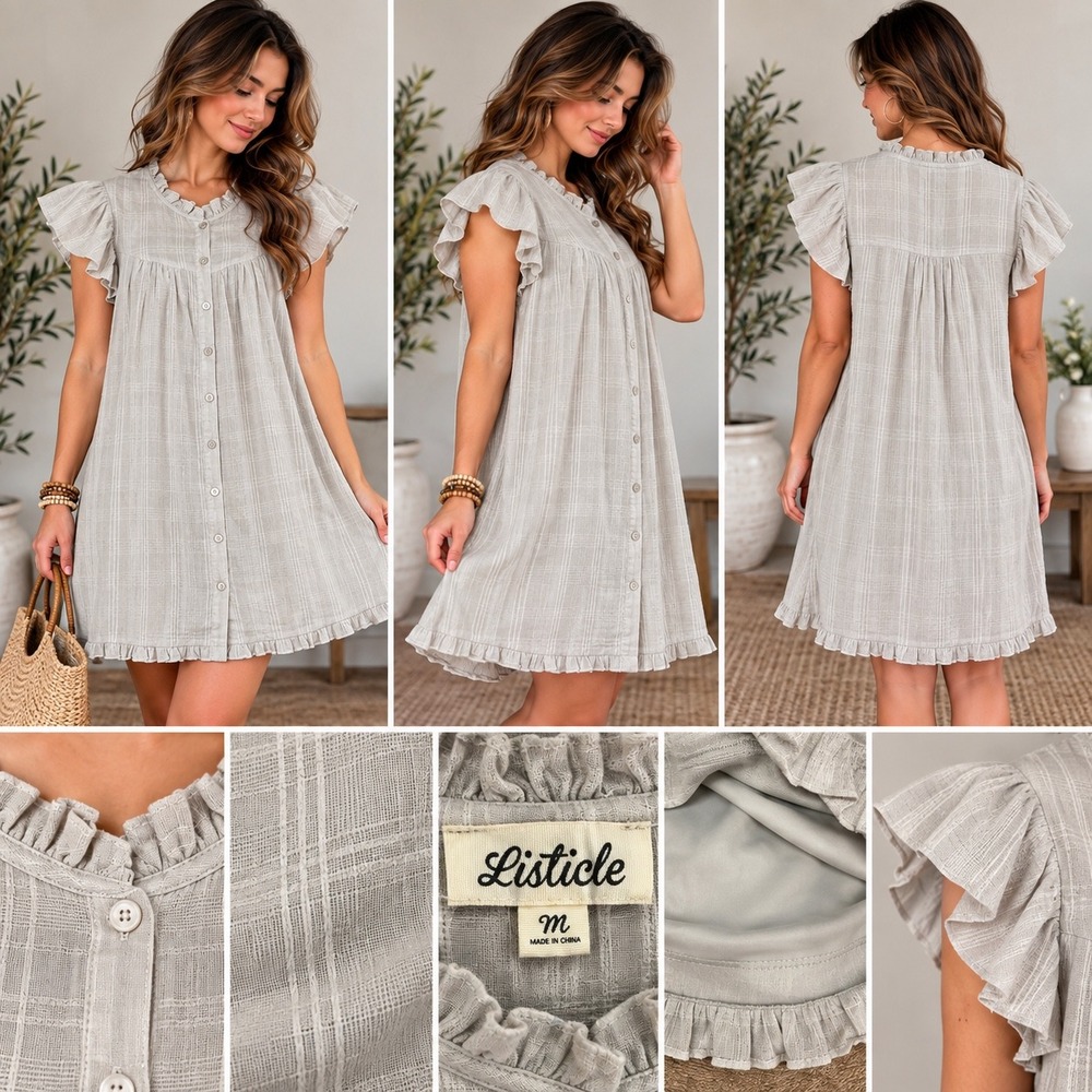 Listicle Babydoll Dress Medium Gray Plaid Ruffle Button Front Cottagecore Boho